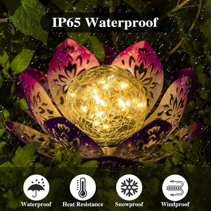 Huaxu Solar Lights Outdoor Decorative-Bright Purple Lotus Flower Table Lamp,Glass Globe 30 LED Waterproof Metal Decorations Gifts for Mom Women Garden Patio Pathway Yard Balcony Outside Decor