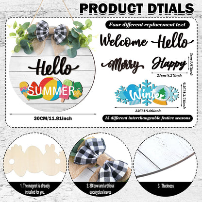 Burbell 20 Pieces Interchangeable Welcome Sign for All Seasons Seasonal Front Door Decor with 4 Pcs Sign and 15 Pcs Changeable Icons Farmhouse Front Porch Rustic Holiday Wooden Door Decor(White)