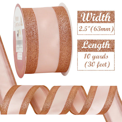 HUIHUANG Rose Gold Christmas Ribbon Wired Satin Ribbon with Glitter Stripe Edges 2.5 inch for Christmas Trees, Bows Making, Wreaths, Gift Wrapping Garland, Home Decor, Crafts -10 Yards