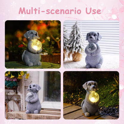Tiejiajiang Dog Garden Statues - 8.4 Dog Decor with Gazing Ball LED Lights, Unique Gifts for Mom Grandma Birthdays, Outdoor Decor for Outside Lawn Porch Patio (Gray)