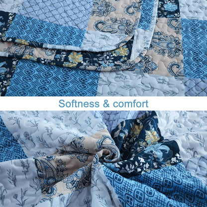 Xruibed Blue Quilt Set Queen Size 3 Pieces Plaid Floral Boho Bedspread Coverlet Set Patchwork Pattern Reversible Bedding Set Soft Microfiber Bedspread Set Queen for All Season(Queen 96"x90")