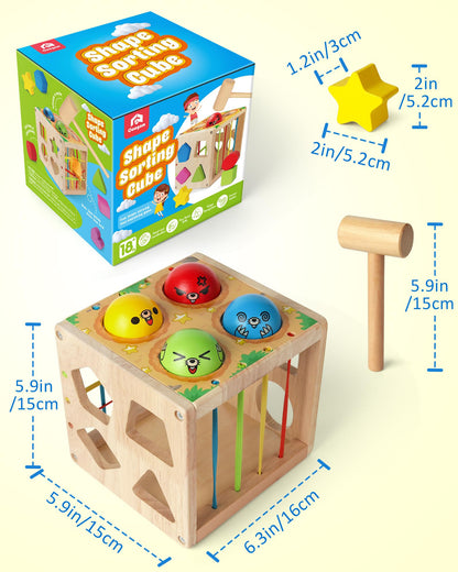 Coogam Wooden Montessori Toys for Toddlers, Shape Sorting Cube Fine Motor Skills Game for Year Old 18 Month+ Baby Boys Girls Gift