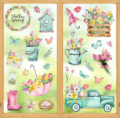 Whaline 75 Pcs Spring Summer Tulip Window Clings Tulip Flower Umbrella Truck Window Stickers Hello Spring Double-Side Glass Decals for Home Office School Party Shop Display Decoration