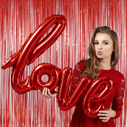 Red Tinsel Curtain Backdrop for Party Decorations - Sparkle Foil Tinsel Fringe Curtains Photo Backdrop Booth (3.2ft x 8ft, 2 Packs)