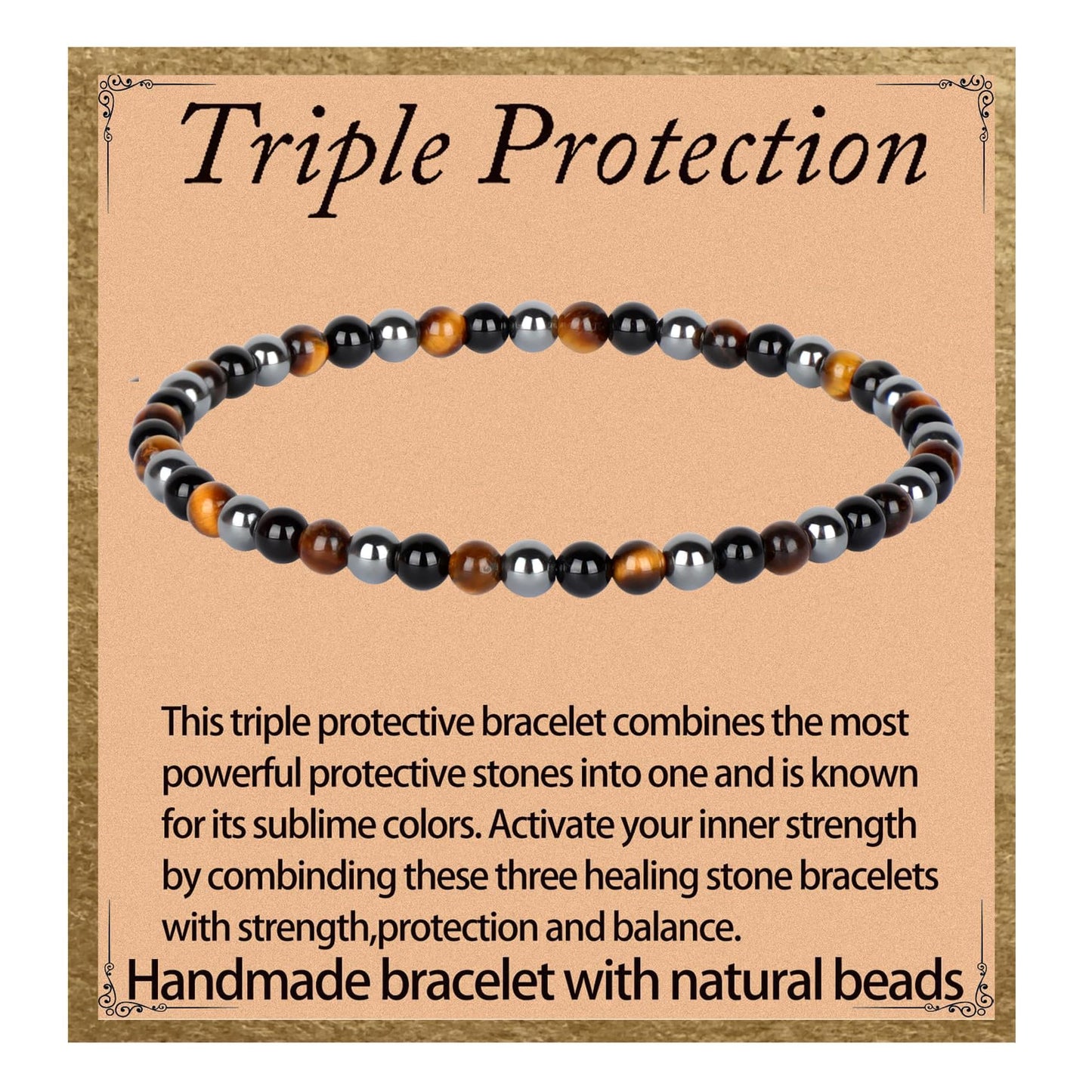 LPBeads Handmade Natural Gemstone Stretch Elastic 4mm Onyx Tiger Hematite Mixed Stone Bracelet Healing Crystal Round Stone Beads Jewelry Gifts for Women Men