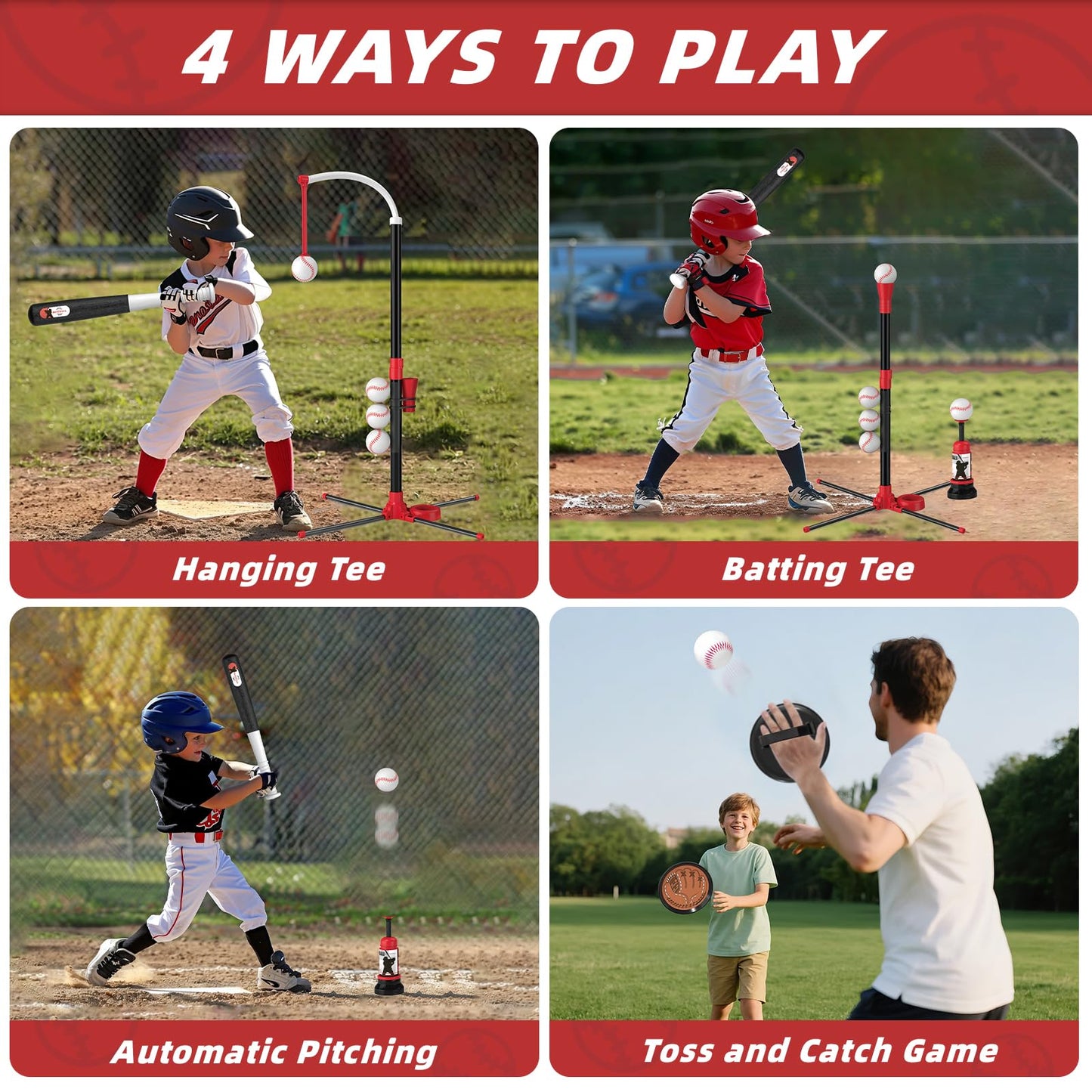 Wee Wonders 4 in 1 T-Ball Sets for Kids 3-5 with Toss and Catch Ball, Toddler Baseball with Auto Pitching Machine/6 Balls, Outdoor Sport Toys Gifts for Boys Girls