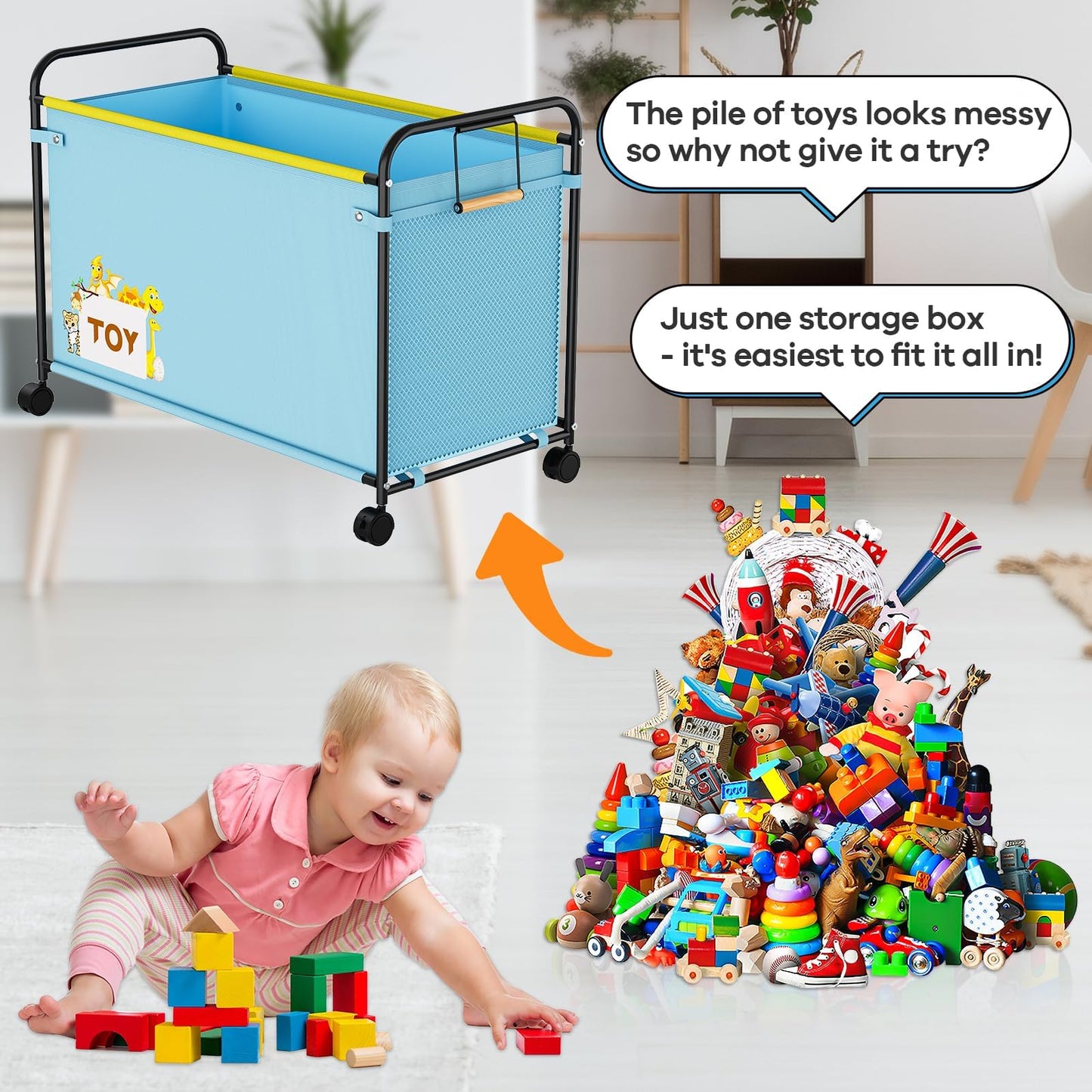 AIJIAMEIER 180L Kids Extra Large Toy Box with Wheels for Boys Girls, 31.5" x 15.7" x 23.2" Big Toy Chest with Handle, Toy Storage Organizer for Living Room Area, Stuffed Animals, Clothes(Blue, 1PC)