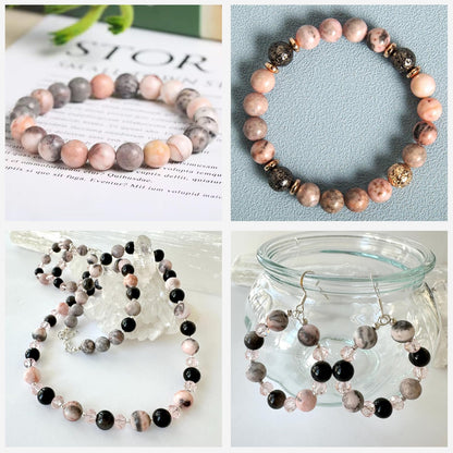 Risyfjew 50PCS 8mm Natural Pink Zebra Jasper Beads Gemstone Round Loose Beads for Jewelry Making Chakra Crystal Stone Beads for Bracelets Necklace Earrings Making Supplies (50pcs/Strand)