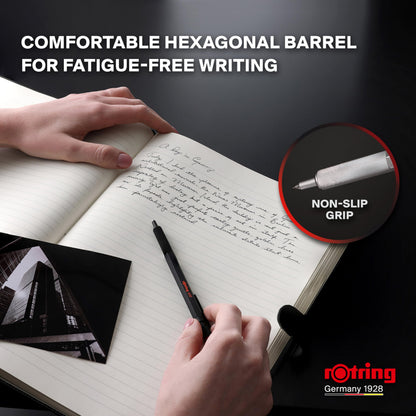 rOtring 600 Gel Pen, Black Metal Body Pen, Black Ink, 0.55mm, Non-Slip Knurled Grip & Hexagonal Barrel, Refillable, 1 Count - Smooth Writing, Stationary, Desk Essentials
