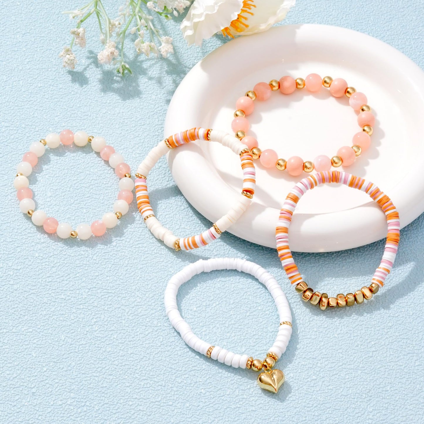 RISHEGAE Heishi Beaded Stretch Bracelets for Women Stackable Gold Polymer Clay Beads Bracelet Friendship Boho Summer Beach Bracelets Jewelry Set (C-Pink Gold Heart)