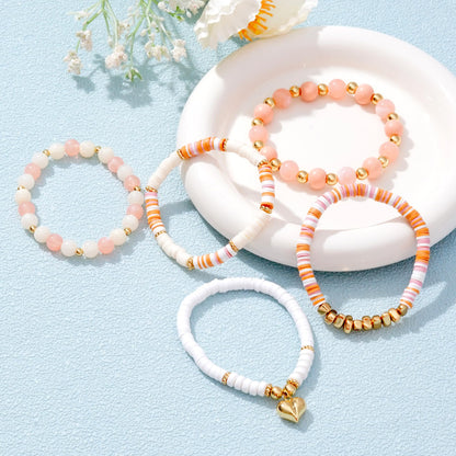 RISHEGAE Heishi Beaded Stretch Bracelets for Women Stackable Gold Polymer Clay Beads Bracelet Friendship Boho Summer Beach Bracelets Jewelry Set (C-Pink Gold Heart)