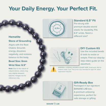 BANANE LAB Hematite Bracelet for Men Women - 6mm Natural Healing Crystal Energy Stone Beads - Health & Balance Protection Jewelry - Fits 6.5" Wrist with DIY Kit (Extra Beads & String)