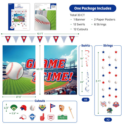 HonuGoGo Baseball Party Decorations, 33PCS Set with Game Time Backdrop, Paper Banners, Hanging Swirls and Cutouts, Red Blue White Baseball Themed Decor for Sport Events and Birthday Celebrations