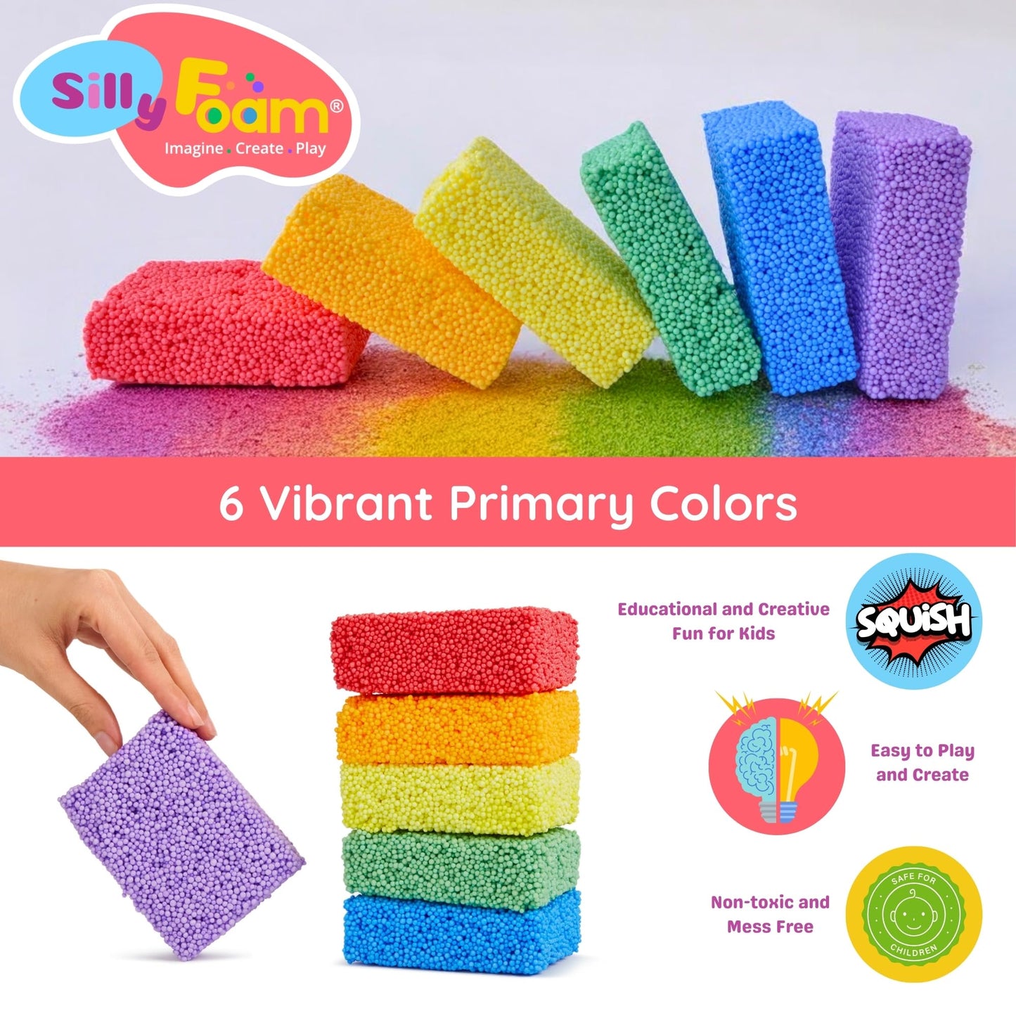 Silly Foam, Creative Modeling Foam Beads, 2-Pack of 6 Primary + 6 Neon Pastel Blocks, No-Slime No-Mess, Perfect for Preschool, Kids, Arts & Crafts, Sensory Play, STEM, Travel Toy, Non-Toxic (Age 3+)