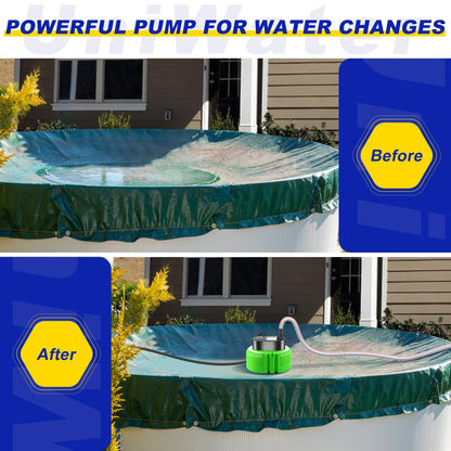 UniWater Pool Cover Pump above Ground-Submersible Sump Pump Swimming Water Removal Pumps, Sump Pumps for Pool Draining with 16ft Drainage Hose & 25 ft Extra Long Power Cord,850 GPH,3 Adapters-Green