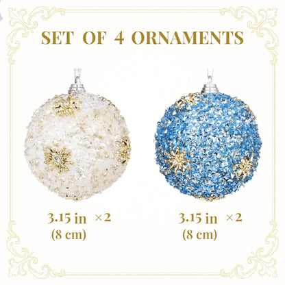 Set of 4 White & Blue Christmas Tree Ornaments, 3.15" Glitter Crushed-Ice Ball Ornaments with Gold Sunburst Accents, Handcrafted Shatterproof Hanging Decorations for Xmas Tree & Holiday Home Decor