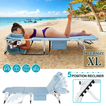 ABORON Heavy Duty Tanning Chair, Outdoor 5-Position Folding Chaise Lounge Chair with Pad, Portable Beach Lounge Chair for Outdoor Sunbathing Patio Pool Lawn Deck Poolside