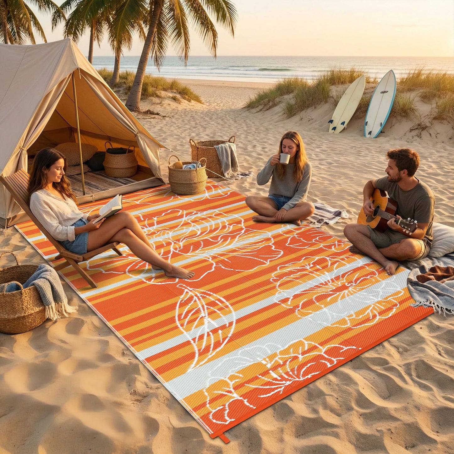 Garvee 6x9 Outdoor Waterproof Rug, Floral Outdoor Area Rug，Reversible Plastic Straw Patio Rug, Portable Camping Mat for RV, Picnic, Beach, Balcony, Garden & Camping Orange