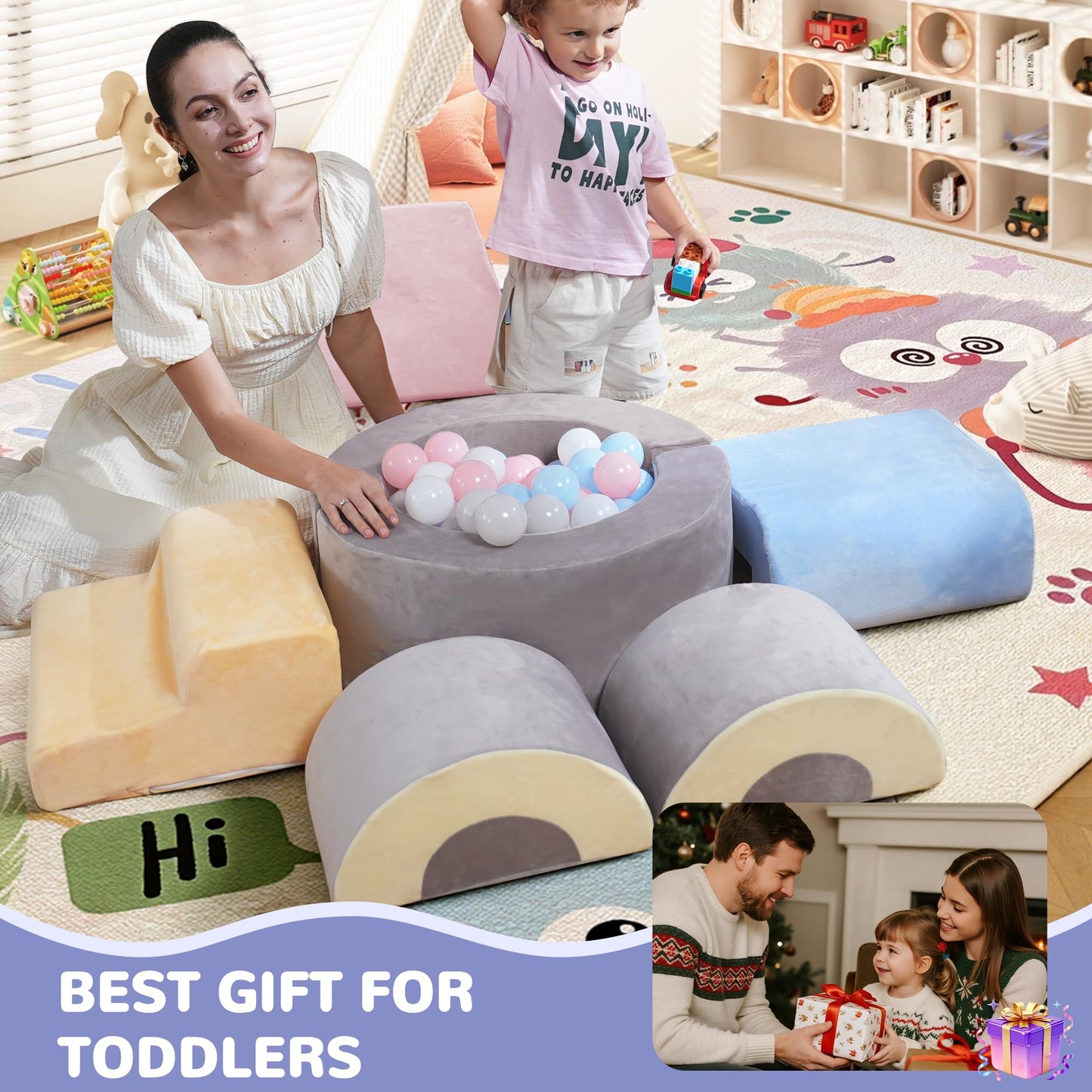 Bumnana Toddler Climbing Toys Indoor, 7‑Piece Soft Foam Play Set for Toddlers 1‑3, Foam Climbing Blocks with Slide, Stairs & Ball Pit, Crawl and Climb Activity Gym, Lightweight & Washable Kids Gift