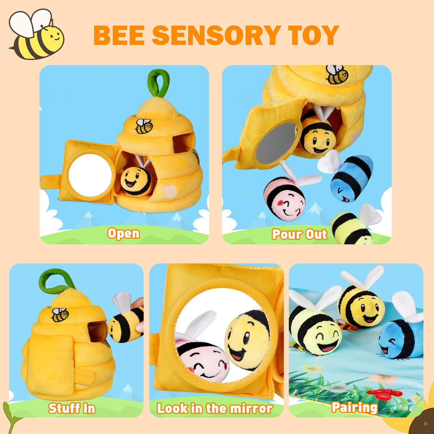 Sortnic Baby Toys 6-12 Months, Soft Beehive with 4 Sensory Bees, Map Pad, Rattle, Crinkle Paper, Squeaker, Mirror, Busy Montessori Toy for 0-3 Years Old, Infant Toys Baby Easter Basket Stuffers Gifts