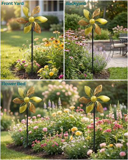 Gronhof 37" Metal Wind Spinner for Yard & Garden, 10" Kinetic Outdoor Garden Spinner, Rust-Resistant Decorative Yard Art (Gold Ornate Laser-Cut Floral)