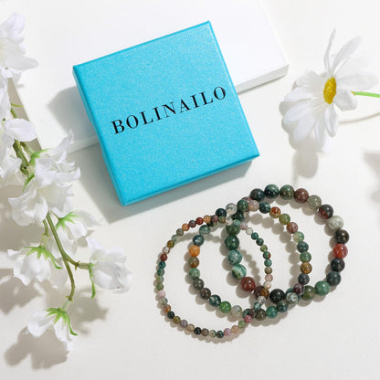 Bolinailo 3Pcs Natural Healing Crystal Bracelets for Women Men, 4mm 6mm 8mm Beaded Stretch Bracelet Set, Indian Agate Natural Stone Gemstone Jewelry Gifts for Meditation, Reiki & Yoga