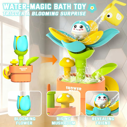 TXTLDB 2-in-1 Bath Toys for Toddlers 1-3, Magic Watering Can with Blooming Flowers & Suction Cup Spinning Duck Toys Set, Interactive Sensory Bathtub Game for Boys Girls 18M+, BPA-Free ABS Plastic