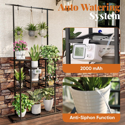 4 Tier Plant Stand with Automatic Drip Watering System, Indoor Outdoor Metal Plant Shelf with Hanging Rod, Holds 12 Pots, Space Saving Plant Display & Organizer
