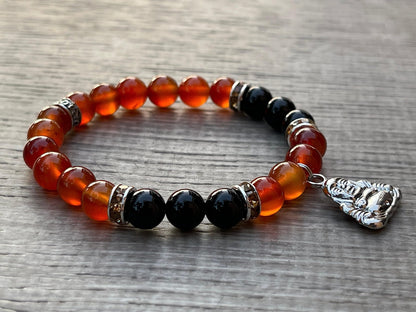 GAF TREASURES Red Agate & Black Onyx with Happy Buddha Crystal Bead Bracelet 8mm, Genuine Red Agate & Black Onyx Stretch Gemstone Bracelet, Healing Crystal Bracelet, Gift for Men & Women (1)
