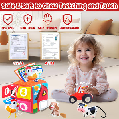 Baby Tissue Box Toys for 6-12 Months, 13PCS Surprise Barn Toy with Stuffed Farm Animals, Rattle, Soft Paper, Mirror, Montessori Educational Sensory Toys for Babies,Sensory Toys for Toddlers