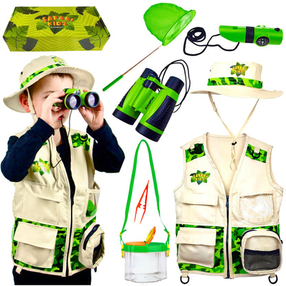 Kidz@Play Bug Hunting Kit, Green Safari Vest, Hat, Binoculars, Lg. Butterfly Net, Bug Container, Whistle, Flashlight, Magnifier, Thermostat, Compass, Age 3+