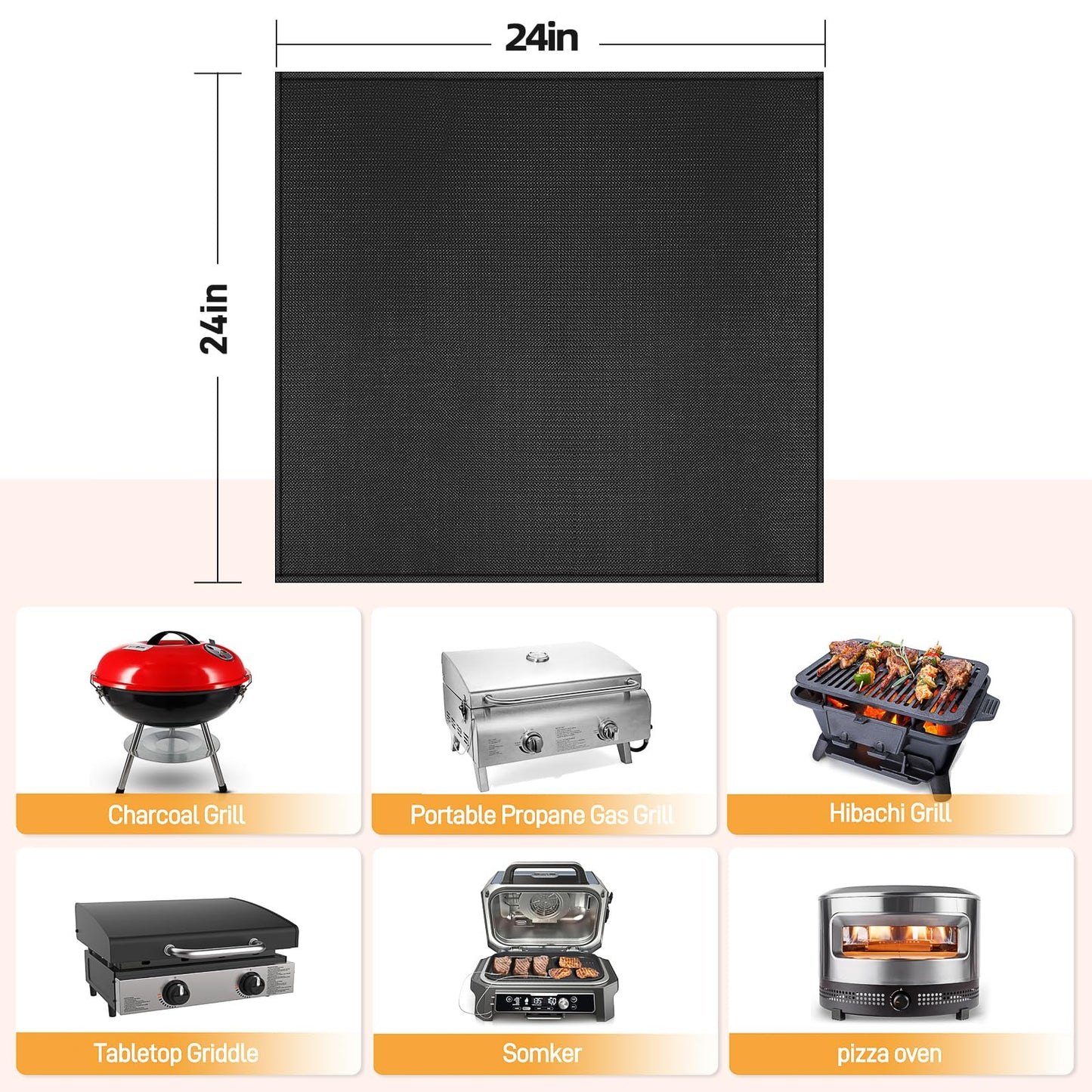 24x24in Heat Resistant Grill Mats for Outdoor Tabletop Grill to Protect Your Prep Grill Table, Heat Resistant Mats for Countertop, Fireproof & Water Proof & Oil Proof Tabletop Fire Pit Mat-Black-1mm