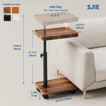 SJIE C Table End Table Adjustable Height, 360°Swivel TV Tray Table for Small Spaces, Side Tables with Wheels for Living Room and Bedroom, Bed (Walnut)