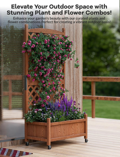 2PCS Raised Garden Bed with Trellis,61.5" Vertical Wooden Garden Bed on Wheels with Drainage Holes,for Plant Flower Climbing Pot Hanging, Indoor & Outdoor Planter Box for Yard, Garden, Balcony