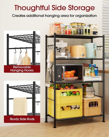 Sakugi Storage Shelves - 4-Tier Spacious Shelf Organizer with Hooks & Leveling Feet, Easy to Assemble, Rust-Resistant Garage Shelving for Kitchen, Pantry, Bedroom, 33.2" x 12.7" x 57.3", Black