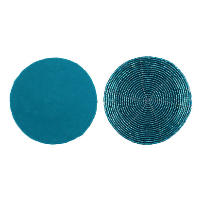 Handmade Beaded Coasters Set of 6, Teal Blue Circular Pattern Decorative Drink Coasters for Coffee Table, Dining Room Table, Wedding Party, Birthday Gift - 4 Inch - Teal