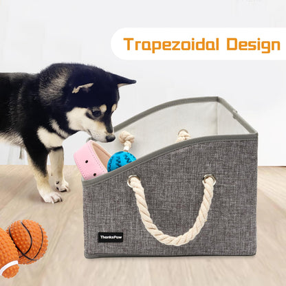 Thankspaw Collapsible Fabric Dog Toy Box and Storage Bin With Handle - Trapezoid Basket Chest Organizer for Pet Toys, Blankets and Accessories