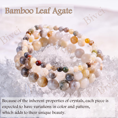 Bivei Bamboo Leaf Agate-Steady Growth-4mm Beaded Bracelets for Women Handmade Semi Precious Natural Stone Stretch Elastic Jewelry Yoga Protection Gifts