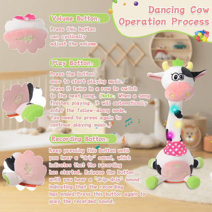 LLUKEME Cute Dancing Cow Interactive Plush Toy with Wiggling Neck | LED Lights | Voice Record & Repeat | 10 Children’s Songs | Funny Toy for Boys Girls Age 1-3
