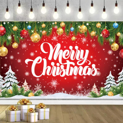Merry Christmas Banner 71 x 43 Inch Decoration – Large Red Christmas Photography Background Backdrop for Indoor Outdoor Xmas Party Decorations, Fireplace, Wall, and Photo Booth