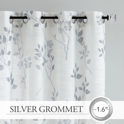 Beauoop Floral Linen Semi Sheer Curtains 84 Inches Long 2 Panels for Living Room Bedroom Grey Farmhouse Flower Patterned Light Filtering Textured Grommet Top Window Treatments Drapes, 50x84 2 Set