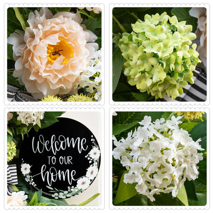 Spring Summer Wreaths for Front Door, Half Circle Summer Wreath with Hydrangea & Peony, Striped Bow & Welcome Sign – 24 Inch Indoor/Outdoor Seasonal, Housewarming & Festive Spring Door Wreath Decor
