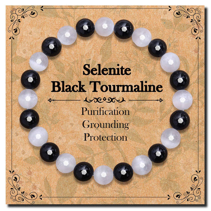 BONNY BOXX Mixed 8mm Natural Stone Bracelet for Purification, Handmade Stretch Selenite Black Tourmaline Bracelet Adjustable Crystal Healing Jewelry for Unisex Spiritual Gift