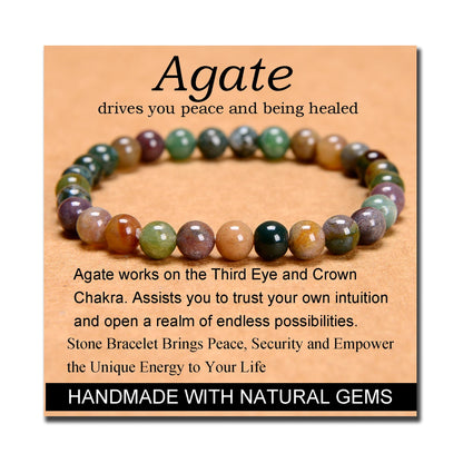 MASSIVE BEADS Indian Agate - Stone of Peaceful - Handmade Yoga Stretch Elastic Bracelet Natural Stone Crystal Healing Power Energy Gifts for Unisex Adult 6mm