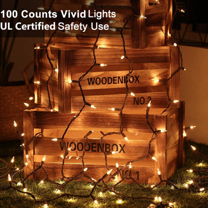 ODEETRONIC Clear Christmas Lights String, 21.63ft 100 Count Incandescent Brown Wire String Lights, UL Certified Outdoor Christmas Light, Connectable Indoor Tree Lights for Wedding Party, Warm White