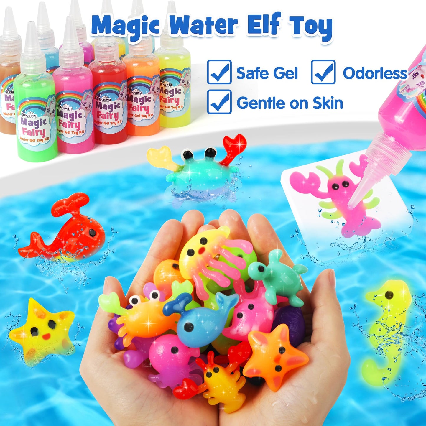 Mocoosy Magic Water Elf Toy Kit for Kids, Glow in the Dark Aqua Fairy Water Gel Kit with 20 Gel & 16 Molds, Make Your Own Squishies, Squishy Maker Set Water Pets DIY STEM Craft Kit Gift for Boys Girls