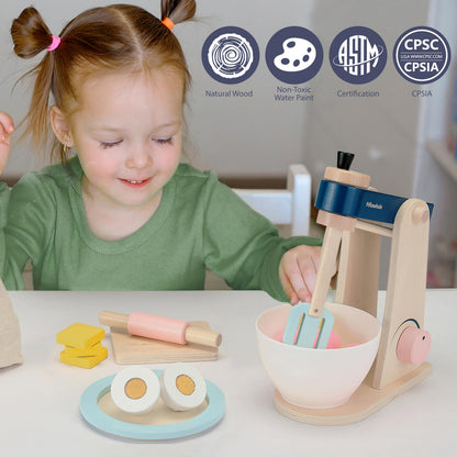 Pillowhale Wooden Kitchen Toys Mixer for Toddlers Age 3+ - 21pcs Montessori Pretend Play Baking Set with Bowl & Rolling Pin, Toy Kitchen Accessories Gift for Girls Boys