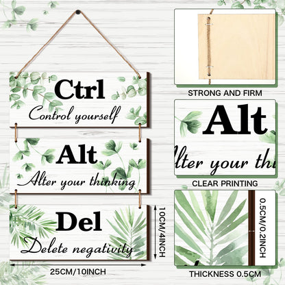 Qunclay 3 Pcs Office Wall Decor Green Leaves Wood Rustic Hanging Cubicle Decor Summer Inspirational Ctrl Alt Del Sign Decoration for Bathroom Indoor Home Living Room