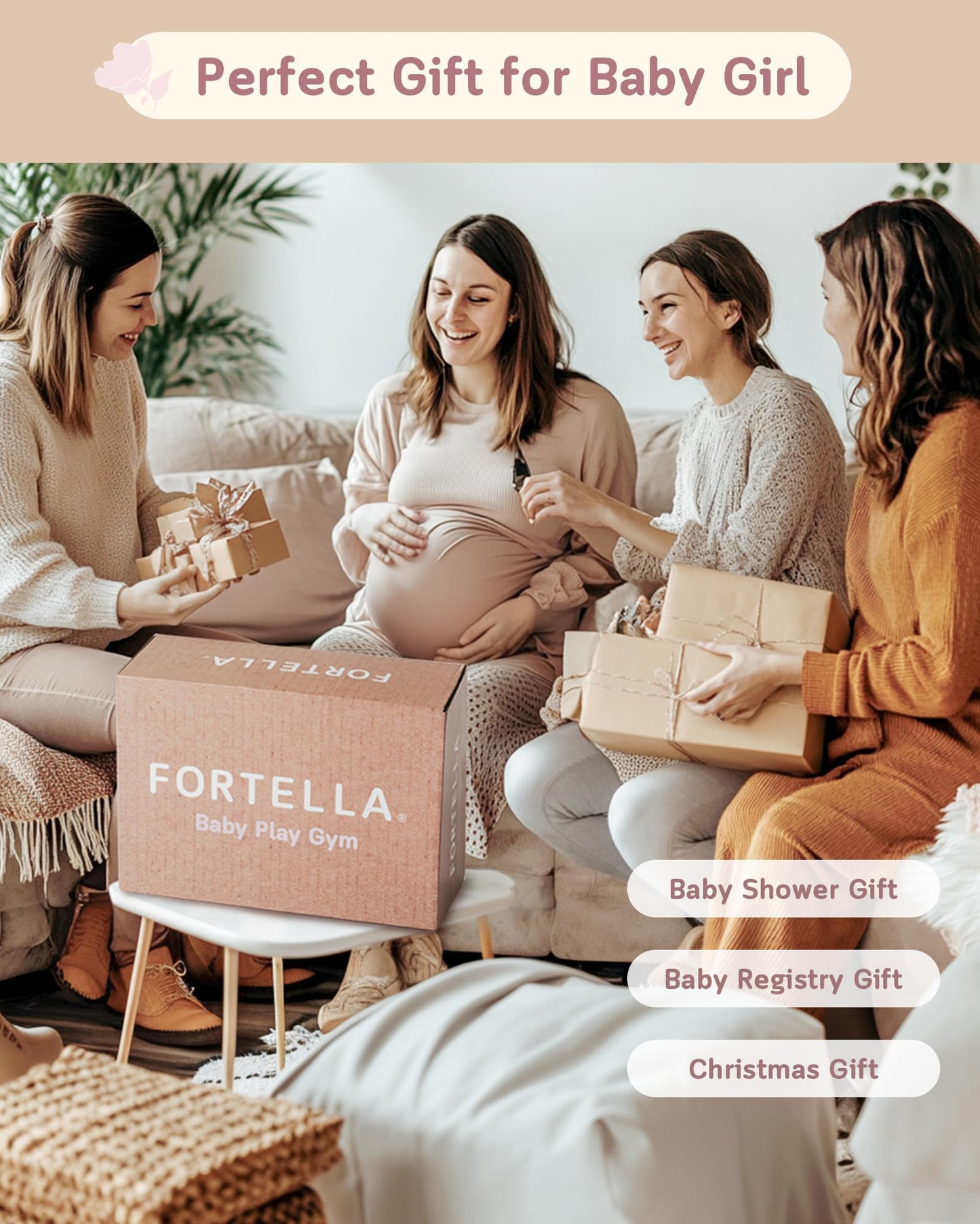 Fortella Baby Play Gym & Activity Mat, Machine Washable & Foldable Tummy Time Mat with 5 Detachable Toys, Certified Safe Newborn Essentials Gift for Baby Registry 0-12 Months (Rose Pink)