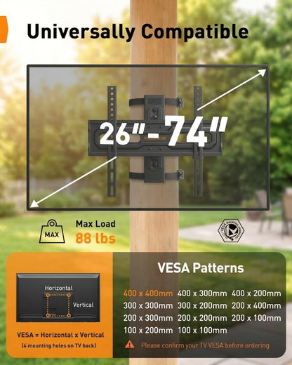 Perlegear Gazebo TV Mount for Most 26"-74" TVs, No Drill Pillar TV Mount for Round & Square Columns, Full Motion TV Post Mount for Gazebo, Pole, Patio & Pergola, Holds up to 88 lbs, Max VESA 400x400mm